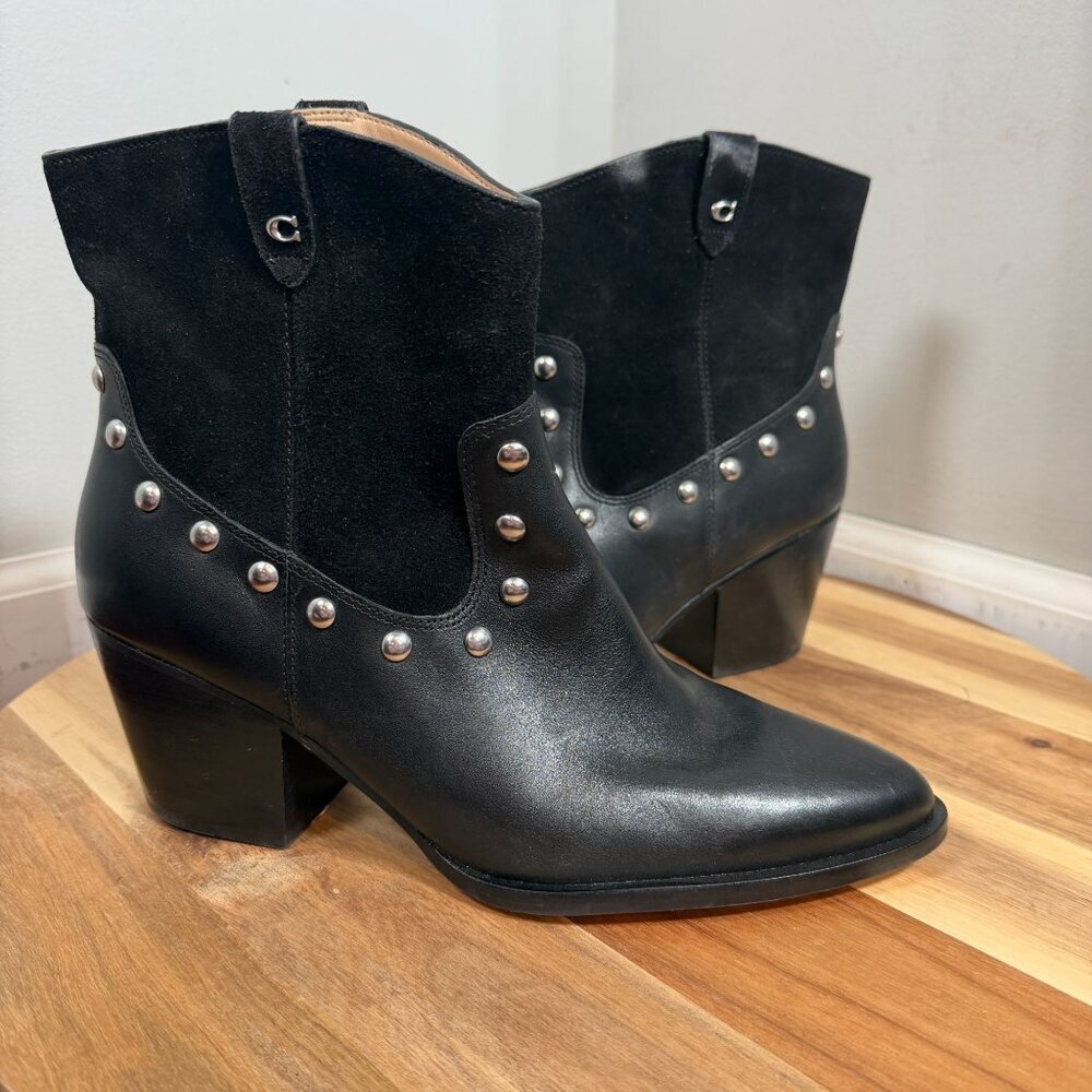 COACH Women's CM600 Black Leather Suede Studded Western Ankle Bootie Size 10B - Picture 1 of 11